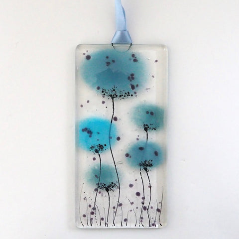 Fused Glass Wall Art - Dusty Blue Poppy Flowers Fused Glass Wall Art Sun-catcher