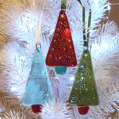 Glass Art - Christmas Decoration - Red, Green And Aqua Tree