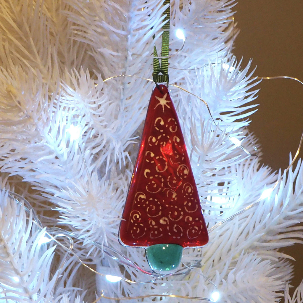 Glass Art - Christmas Decoration - Red, Green And Aqua Tree
