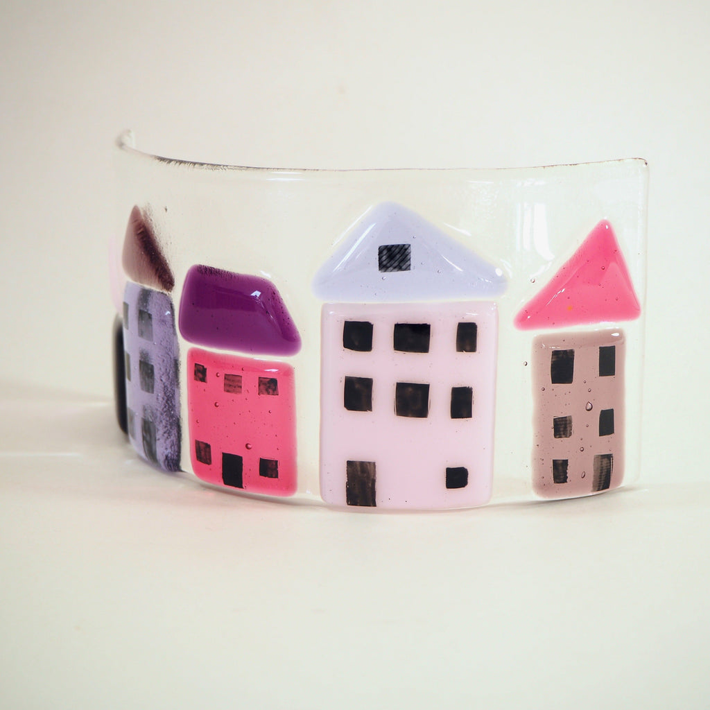 Fused Glass Candle Screen - Pink and Purple Houses - Fired Creations