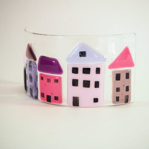 Fused Glass Candle Screen - Pink and Purple Houses - Fired Creations