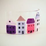 Fused Glass Candle Screen - Pink and Purple Houses - Fired Creations