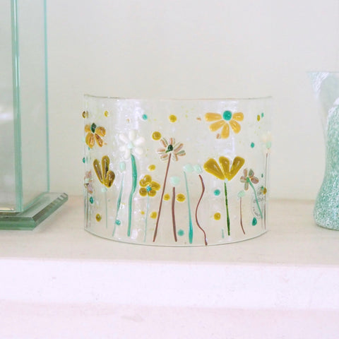 Fused Glass Curve - Olive Green Flowers - Fired Creations