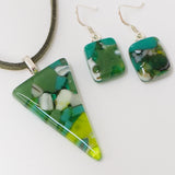 Green fused glass pendant and earrings jewellery set - Fired Creations