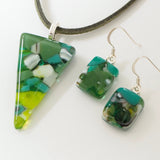 Green fused glass pendant and earrings jewellery set - Fired Creations
