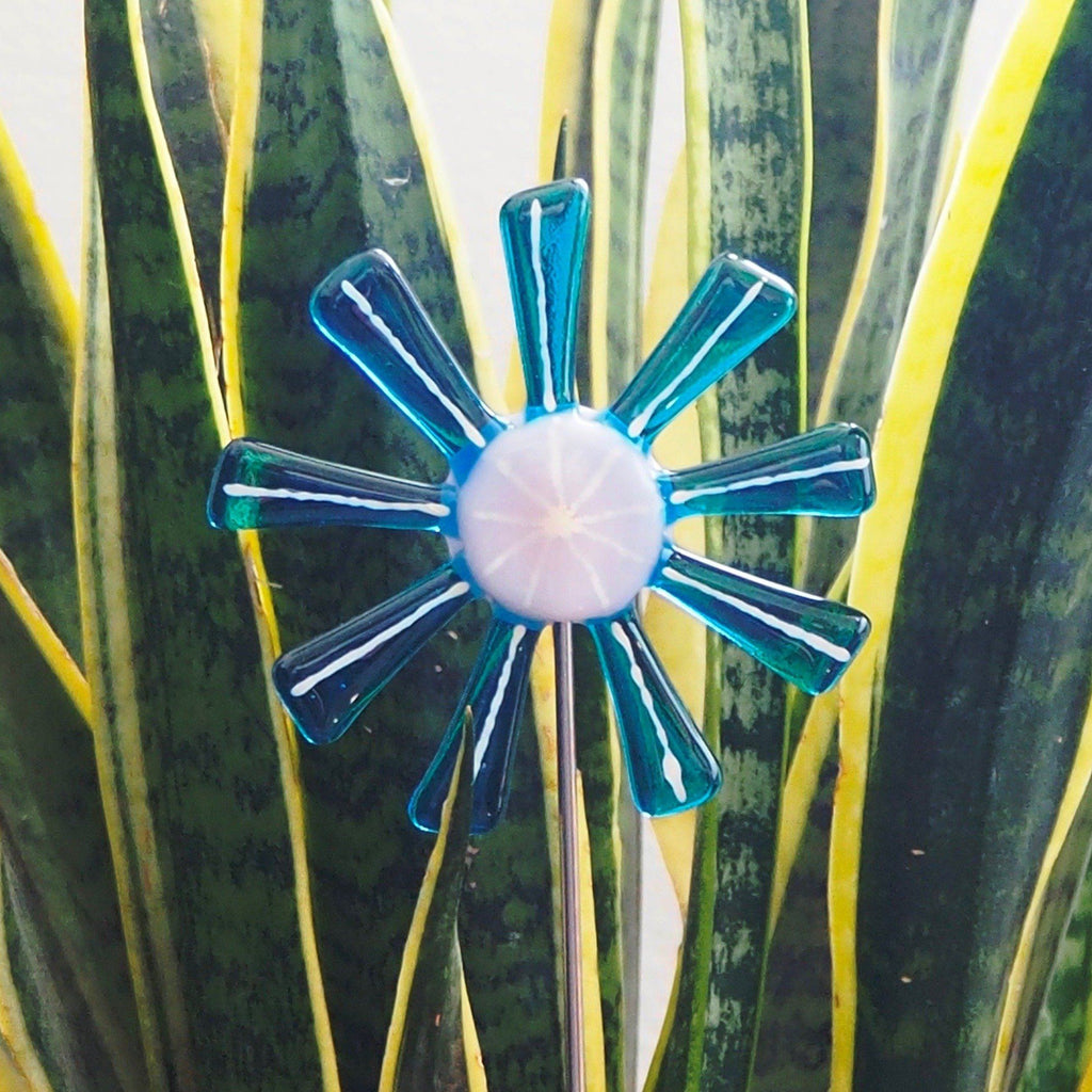 Turquoise and pink flower stake - Fired Creations