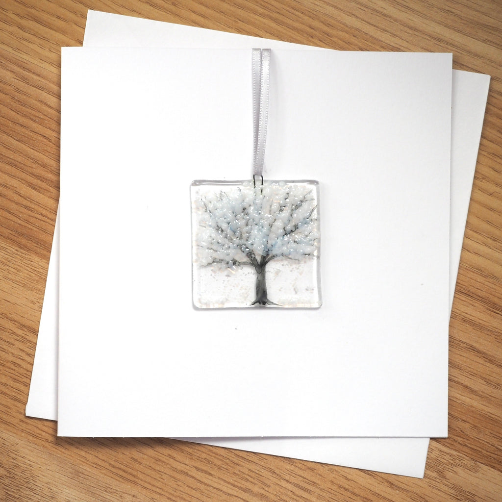 Snowy winter tree fused glass greetings card