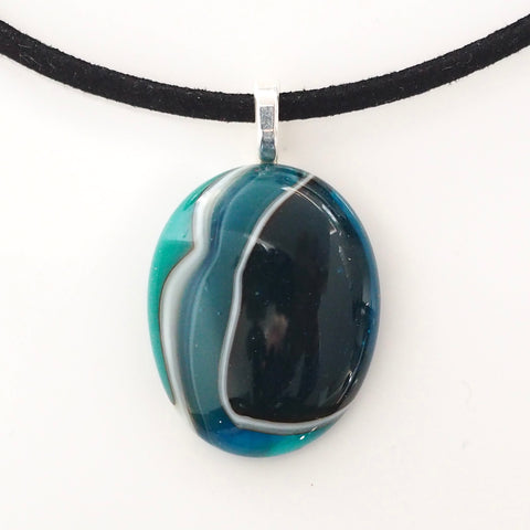 blue teal pebble style fused glass pendant necklace