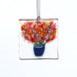 Orange and red pot plant fused glass greetings card