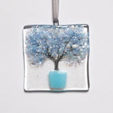 Blue tree in pot fused glass greetings card