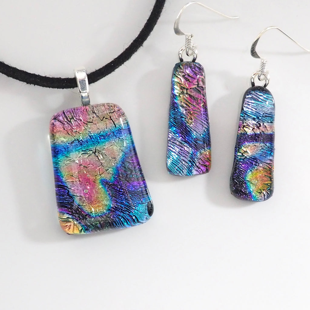 Blue pink fused dichroic glass pendant and earrings jewellery set