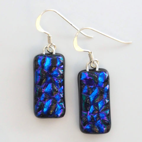 Blue textured dichroic fused glass earrings