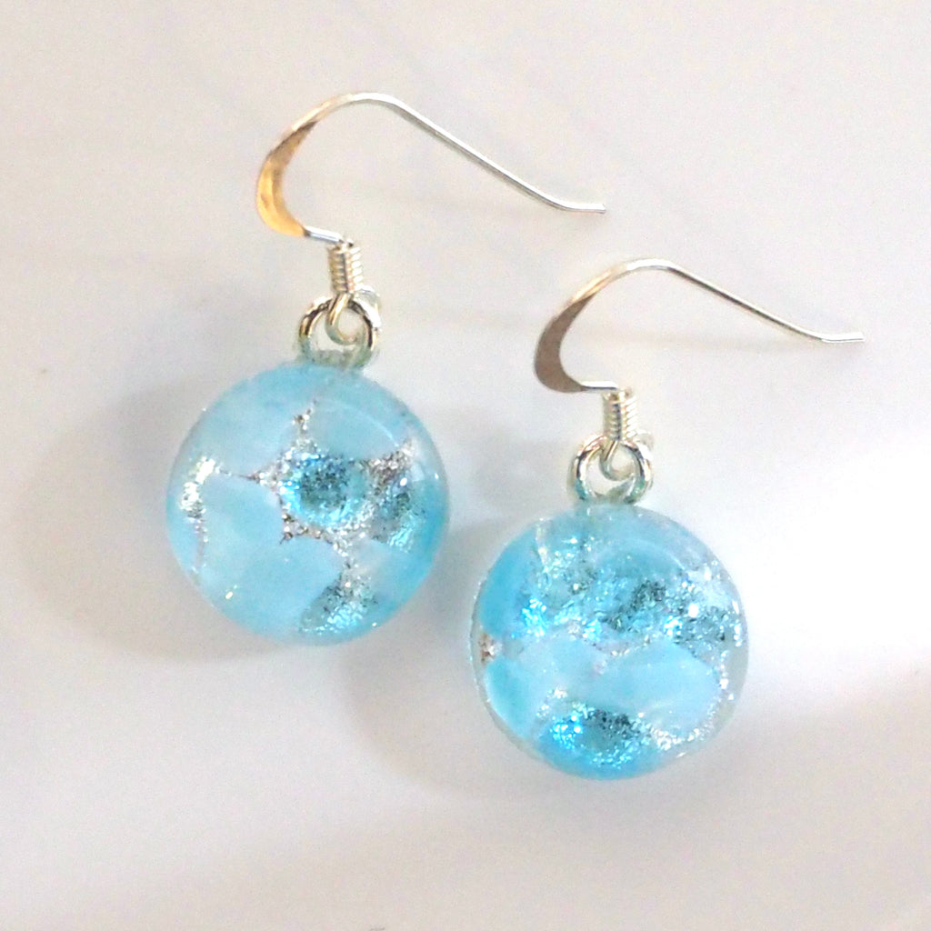 Turquoise light blue and silver round dichroic glass earrings