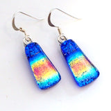 Rainbow blue orange fused glass earrings