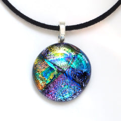 Turquoise purple and gold  round dichroic glass pendant