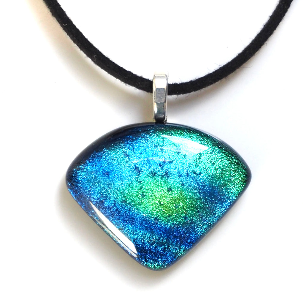 Blue green fused glass wedge pendant