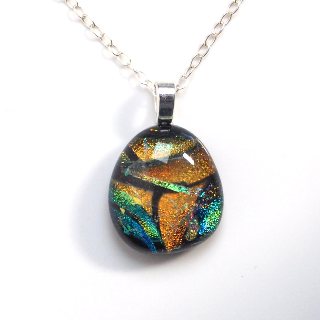 Gold green fused dichroic glass pendant