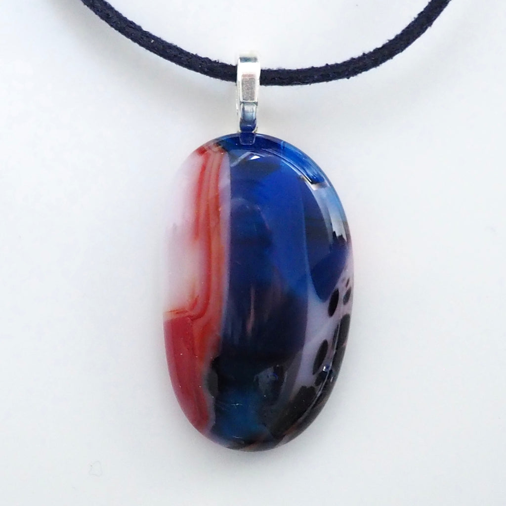 Blue and red pebble style fused glass pendant