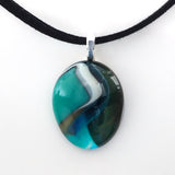 Sea blue teal white pebble style fused glass pendant