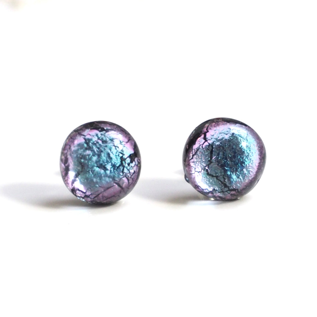 Pale blue pink dichroic glass stud earrings