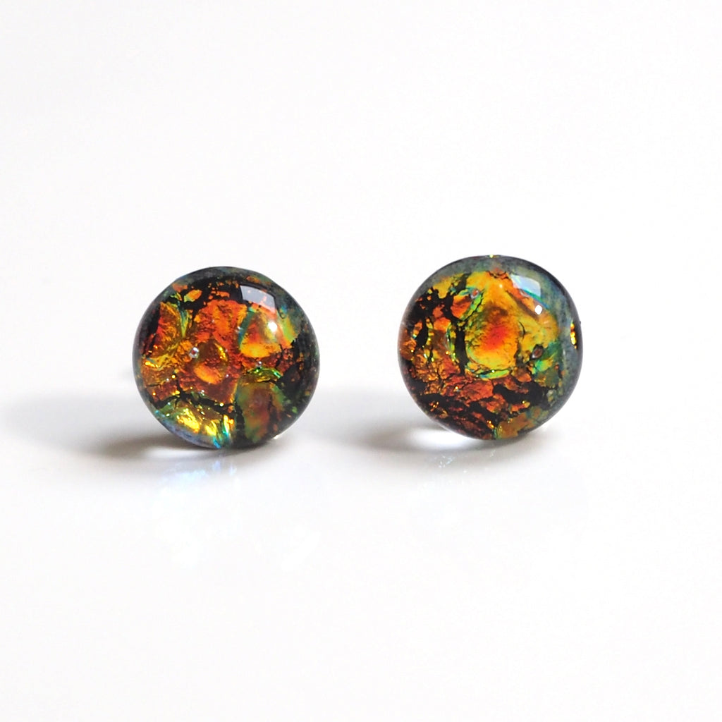 Orange gold and blue dichroic glass earrings