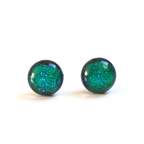 Green blue round dichroic glass stud earrings - Fired Creations