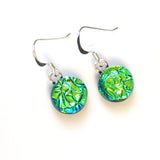 Green sparkle round dichroic glass earrings