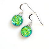 Green sparkle round dichroic glass earrings