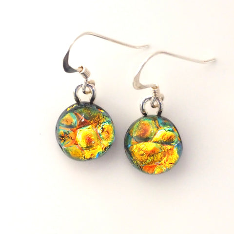 Gold and orange round dichroic glass earrings