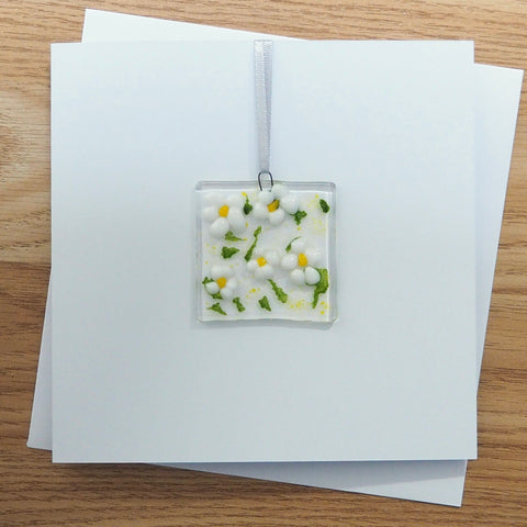 white daisy fused glass greetings card