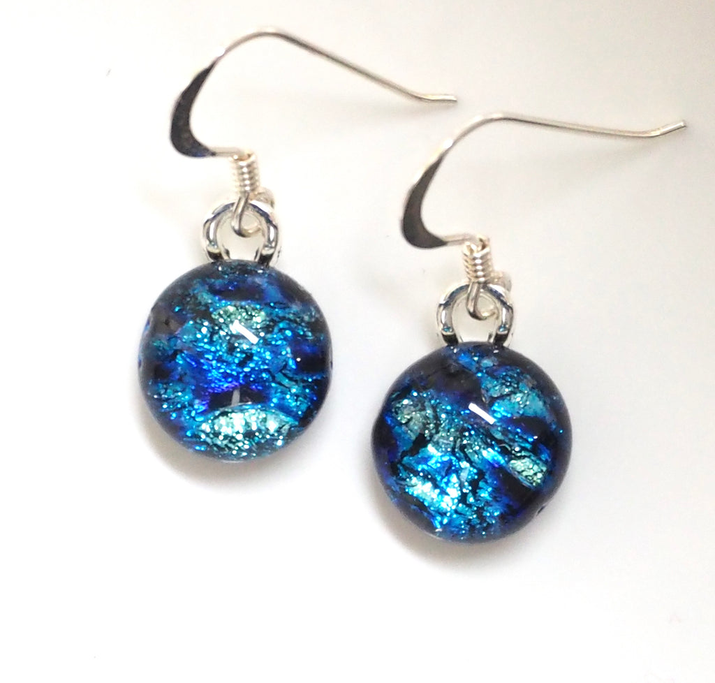 navy blue and light blue dichroic glass earrings by Fired Creations