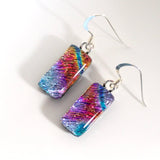 Deep rose pink and blue dichroic glass earrings