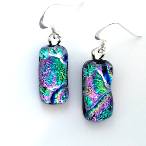 Pink and turquoise green dichroic glass earrings