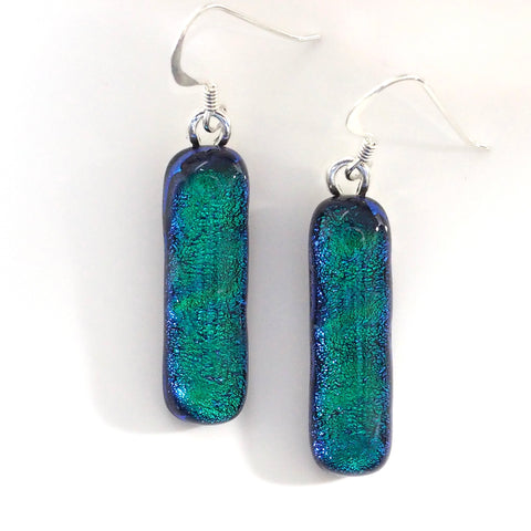 Emerald peacock dichroic glass earrings
