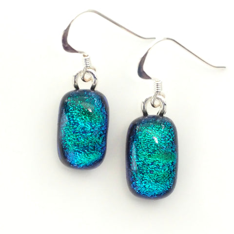 Emerald peacock blue dichroic glass earrings