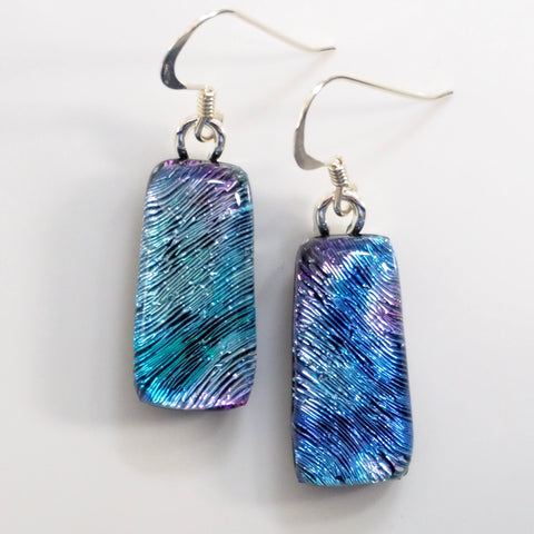 Blue lavender fused dichroic glass drop earrings