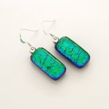 Emerald green peacock blue dichroic glass earrings