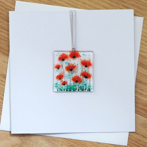 Red poppy flowers glass greetings card