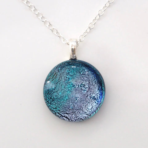 Pale blue and lilac round fused dichroic glass pendant