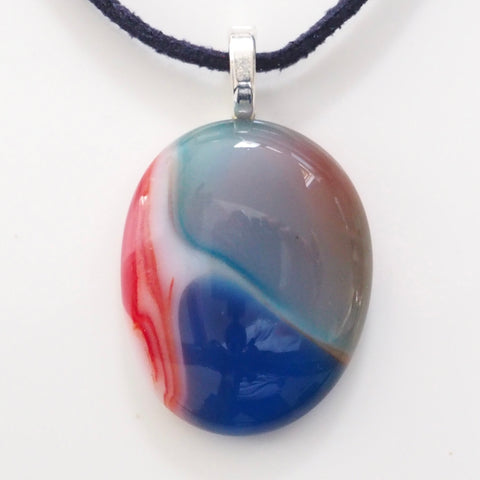 Light blue and red pebble style fused glass pendant