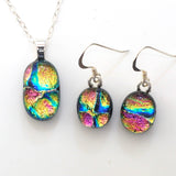 Yellow blue pink fused dichroic glass pendant and earrings jewellery set