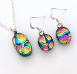 Yellow blue pink fused dichroic glass pendant and earrings jewellery set