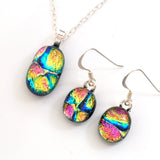 Yellow blue pink fused dichroic glass pendant and earrings jewellery set