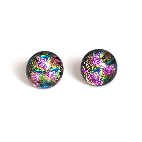 Pink green blue dichroic glass stud earrings