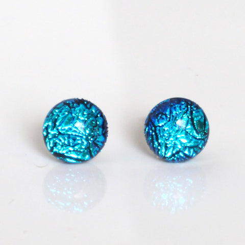 Deep turquoise dichroic glass stud earrings