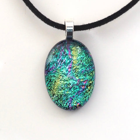 Turquoise and lime fused dichroic glass pendant