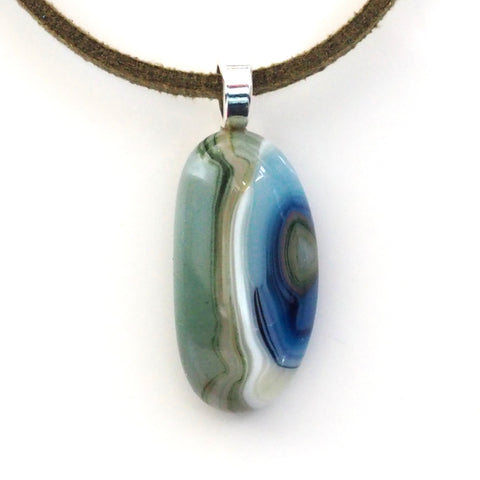 Green blue and white pebble style fused glass pendant