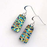 Deep blue turquoise and gold dichroic glass earrings