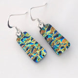 Deep blue turquoise and gold dichroic glass earrings