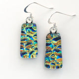 Deep blue turquoise and gold dichroic glass earrings